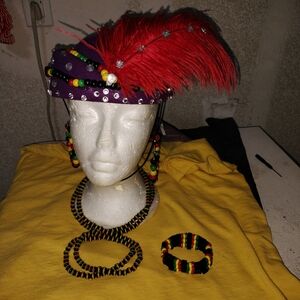 Purple Rasta Custom Decorated Feathered Hat and Beaded Necklace And Bracelet Set